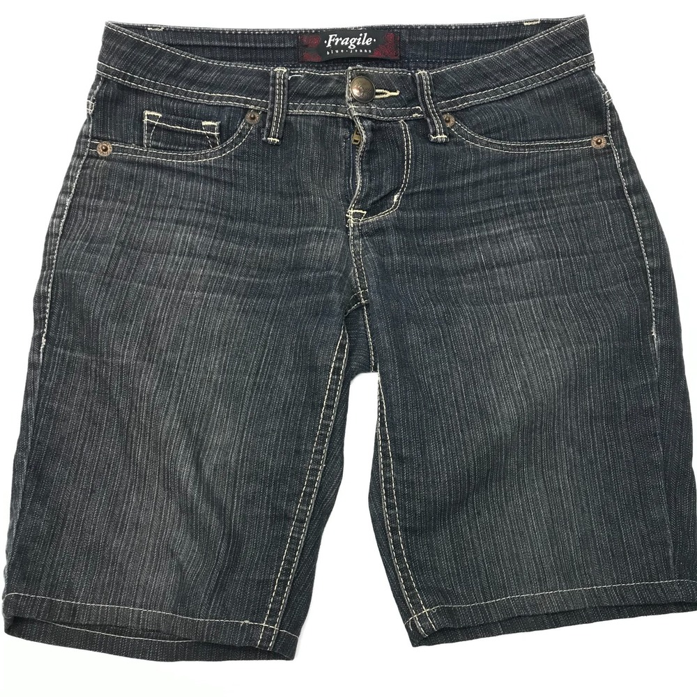 VTG Fragile Y2K Black Jeans Bermuda Long Jorts Shorts Low Rise Juniors Sz 1